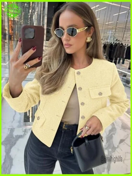 Cropped Tweed Blazer Collarless Button Down Long Sleeve Pockets - Picture 2 of 6